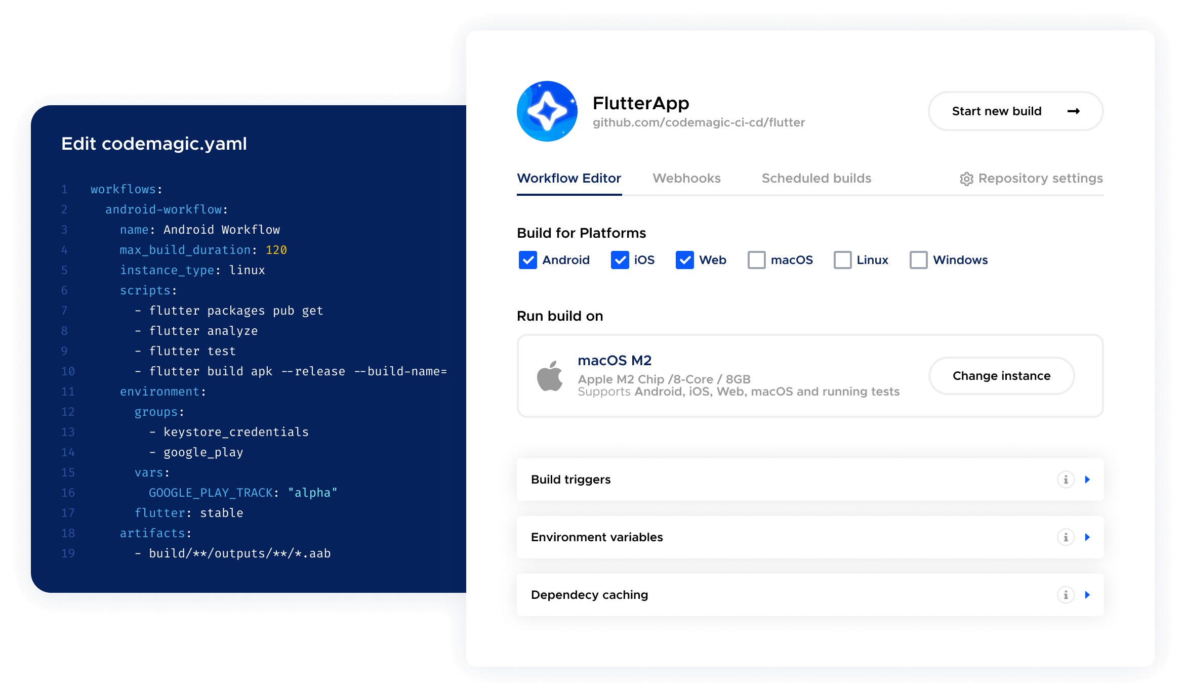 Example of Codemagic UI and configuration code